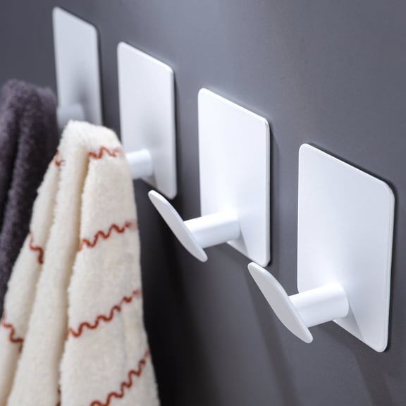 YIGII Adhesive Towel Hooks White Heavy Duty Bathroom Wall Hooks Stick on Hanging Robes Coats Clothes for Bedroom Kitchen Door, Stainless Steel 4 Pack