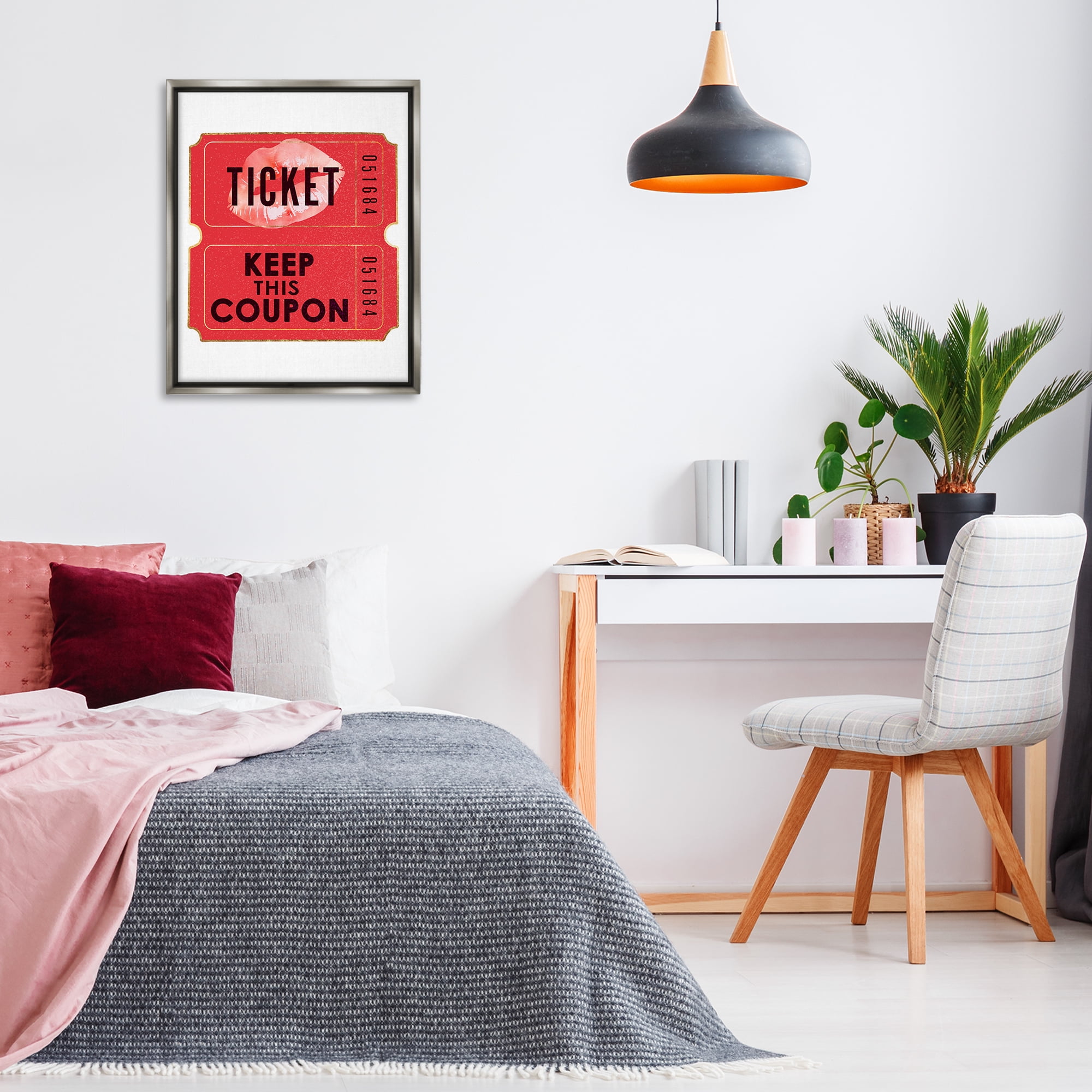 Stupell Industries Glam Kiss Ticket Novelty Painting Gray Floater Framed Art Print Wall Art, 25 x 31