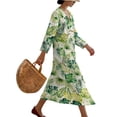 thumbnail image 3 of DISNIMO Womens Casual Maxi Dresses Monstera Printed Linen-Like V Neck Midi Dress Loose Fit Midi Dresses Lightweight 3/4 Sleeve Dress, 2XL, 3 of 6
