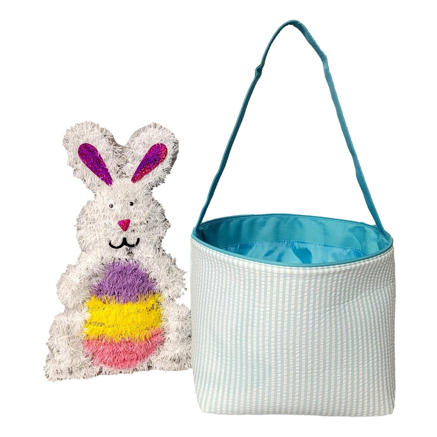 SONA G DESIGNS Seersucker Stripe Fabric Easter Basket Bucket Tote Bag - Toys Egg Collecting Aqua