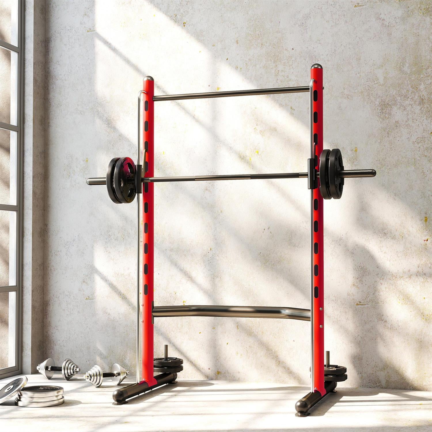 Demifill Multi-Function Weight Lifting Half Rack - Red, Squat Rack with Pull-Up Bar & Barbell, Adjustable Bench Press Compatible