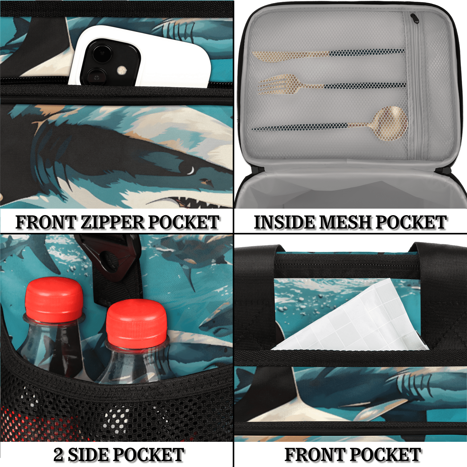 Herdesigns Shark Fish Large Lunch Box for Adults Women Men with Adjustable Shoulder Strap, Insulated Reusable Lunch Bag Leakproof Cooler Tote Bag