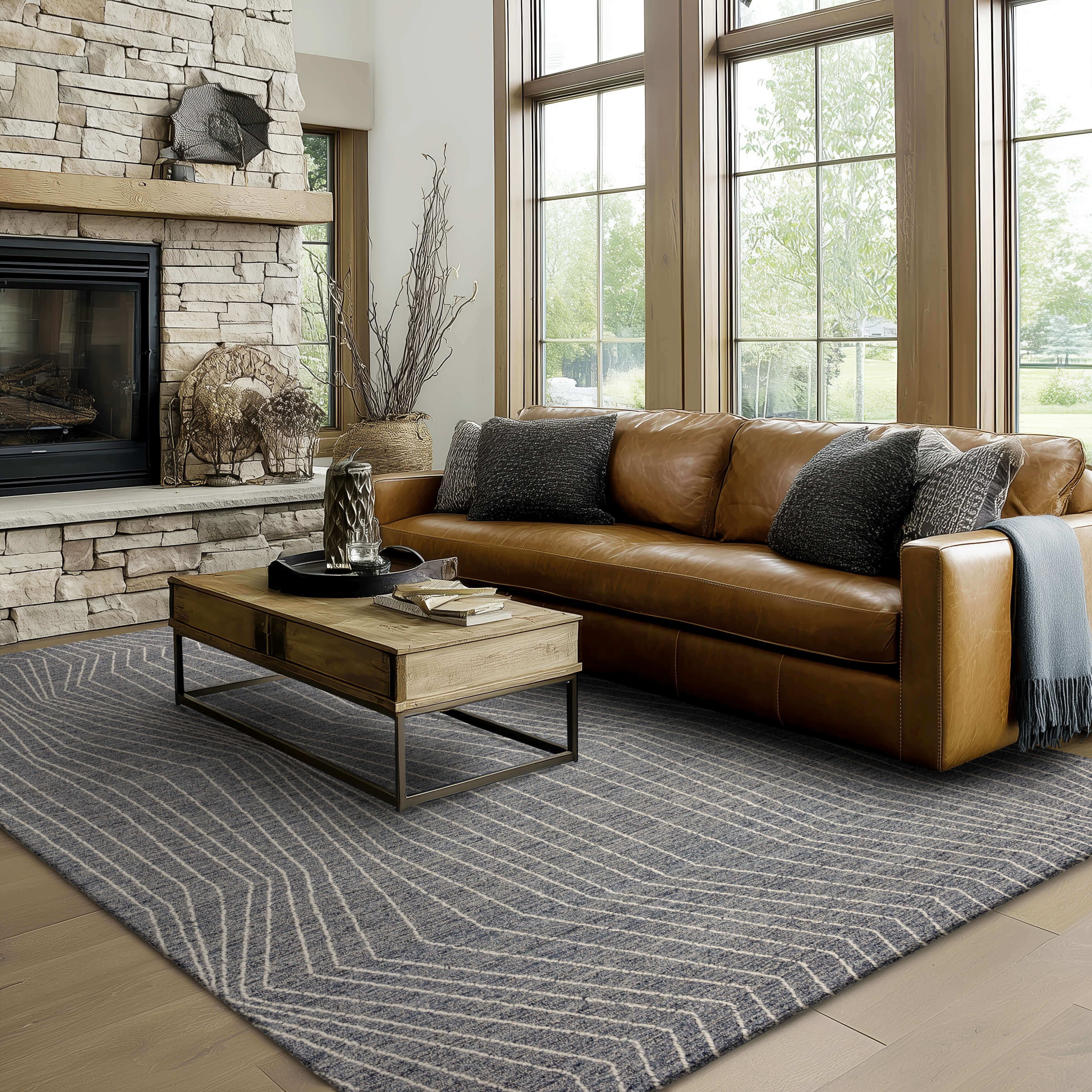 Mainstays Wool Lines Plush Indoor Fade Resistant Tufted Area Rug, Navy, 8' x 10'