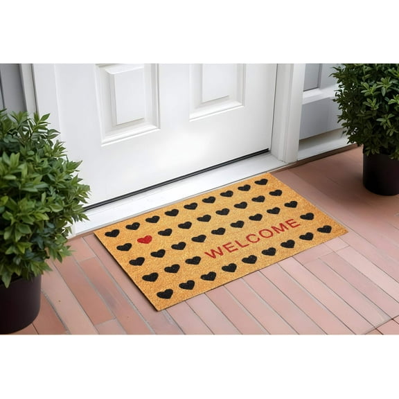17" X 29" Natural and Black Coir Heart Welcome Door Mat