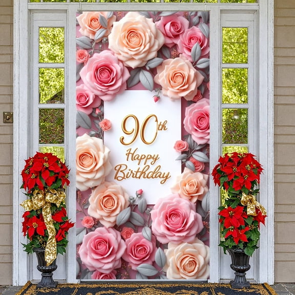 Pink Roses 90th Birthday Banner Golden Lettering Display Floral Decor Pink Background Floral Backdrop for 90th Birthday Party Senior Celebration Family Gathering