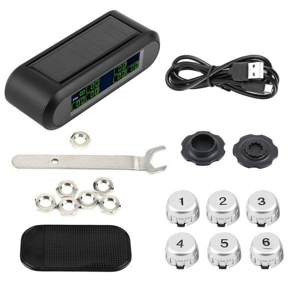 Peahefy Wireless Solar TPMS Tire Pressure Monitoring System LCD Monitor Alarm with 6 External Sensors, Solar Powered TPMS, Tire Pressure Monitor System
