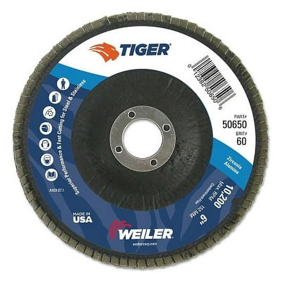 Tiger Disc Abrasive Flap Disc, 6 in dia, 60 Grit, 7/8 Arbor, 10200 rpm, Type 29 | Bundle of 2 Each