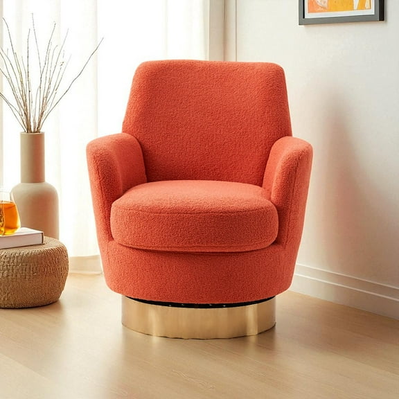 Hassch Modern Upholstered Teddy Swivel Barrel Chair with Gold Metal Base, 360° Rotating Comfy Accent Chair for Living Room & Reading Corner (Orange)