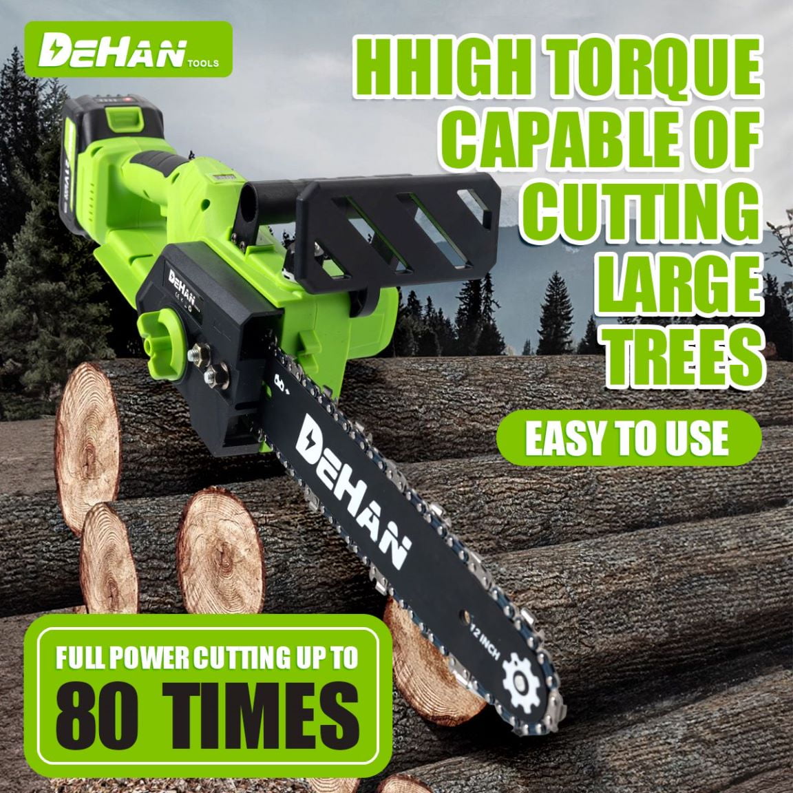 DEHANTOOLS 12 inch Cordless Chainsaw Brushless Chain saw 1000W Motor with 2 × 4.0Ah Batteries & 2 Guide Bars, 3 Chains, Lightweight Electric Handheld Saw for Tree Trimming, Wood Cutting, Pruning