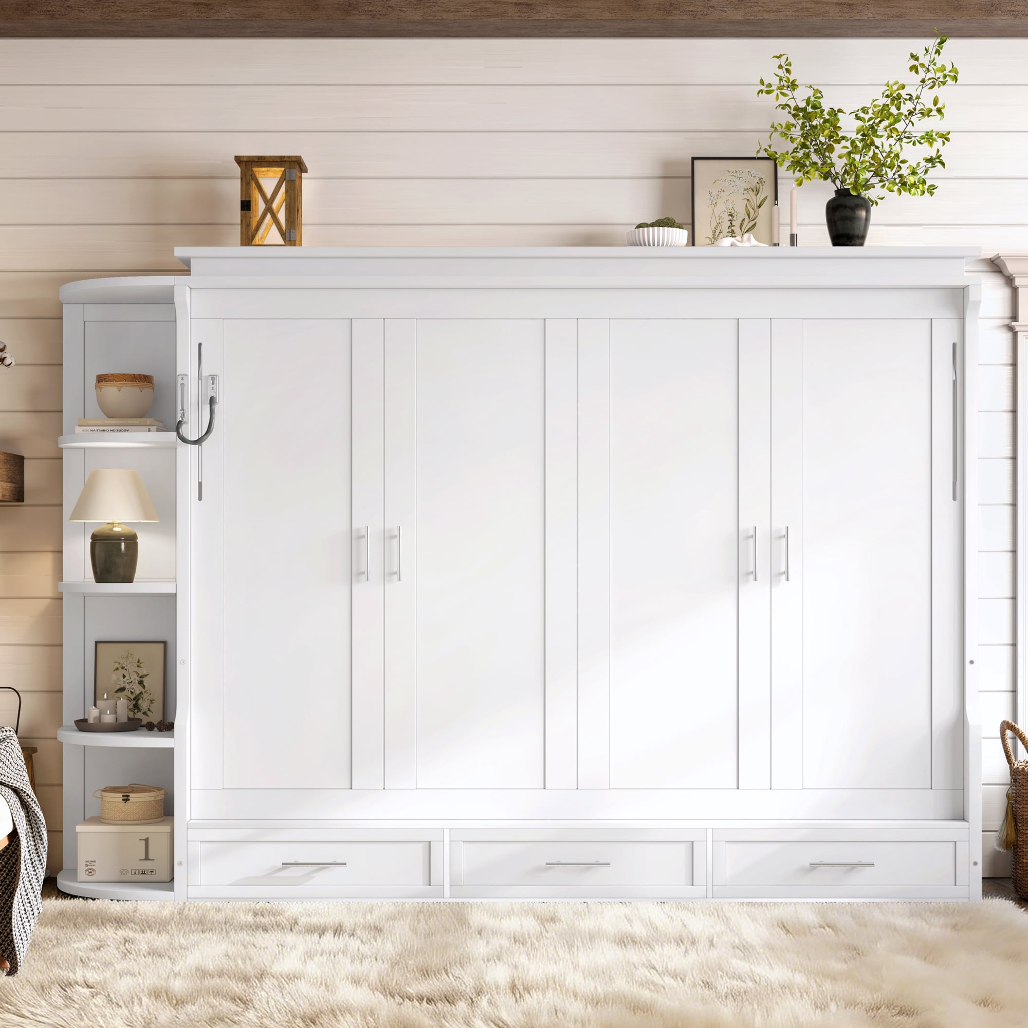 Mintazer Queen Murphy Bed with Side Cabinets & 3 Drawers, Wall Foldable Bed with Storage for Bedroom Guest Room Home Office, White