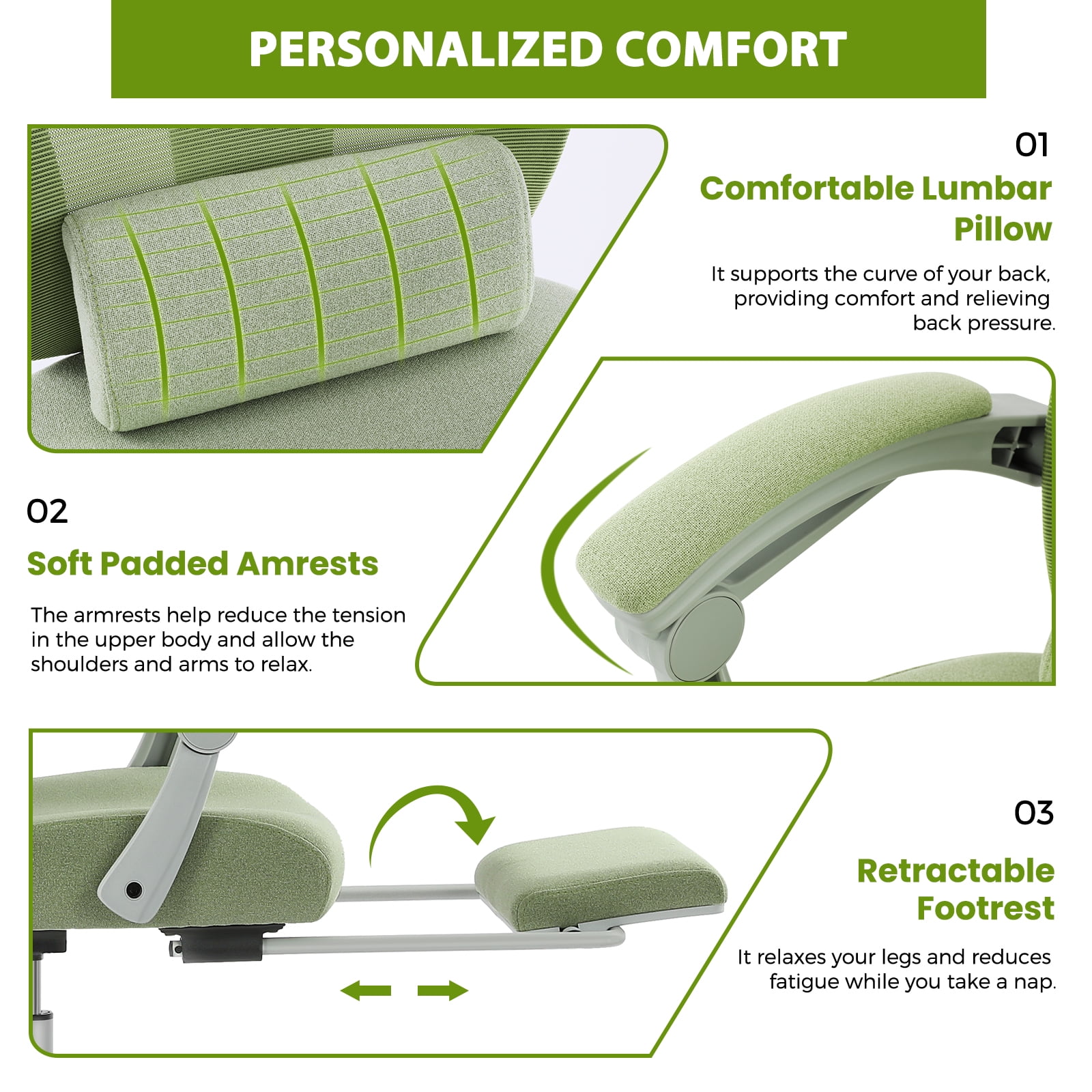 EDX Ergonomic Office Chair - High Back Mesh, Reclining with Lumbar Support, Adjustable Headrest, Footrest & Padded Arms, Green