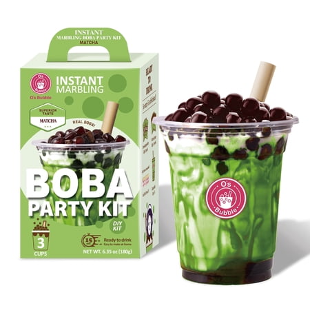 O’s Bubble Instant Matcha Marbling Boba Party Kit – 3 Servings – Syrup with Chewy Tapioca Pearls, Includes Cups & Tea Fiber Straws