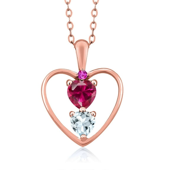 18K Rose Gold Plated Silver Red Created Ruby Sky Blue Aquamarine and Pink Sapphire Pendant Necklace for Women (0.86 Cttw, Gemstone July Birthstone, Heart 5MM and 4MM, with 18 inch Silver Chain)
