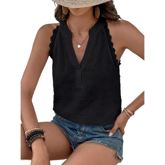Women'S Elegant - V Neck Sleeveless Blouse Guipure Lace Work Office Top Black XL