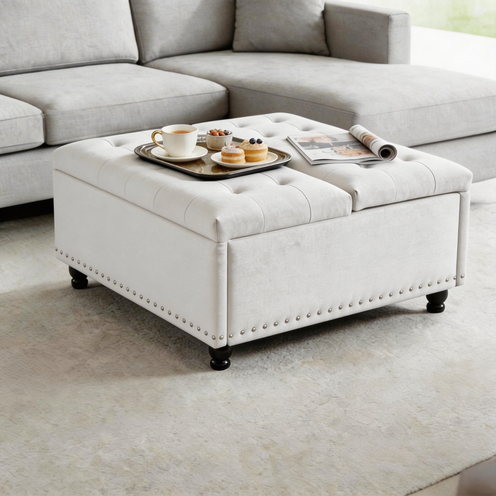 Haewon 34 inch Extra Large Storage Ottoman Coffee Table, No Assembly Required, Oversized Square Ottoman with Storage, Tufted Upholstered Ottomans Coffee Table for Living Room ,Fabric, White