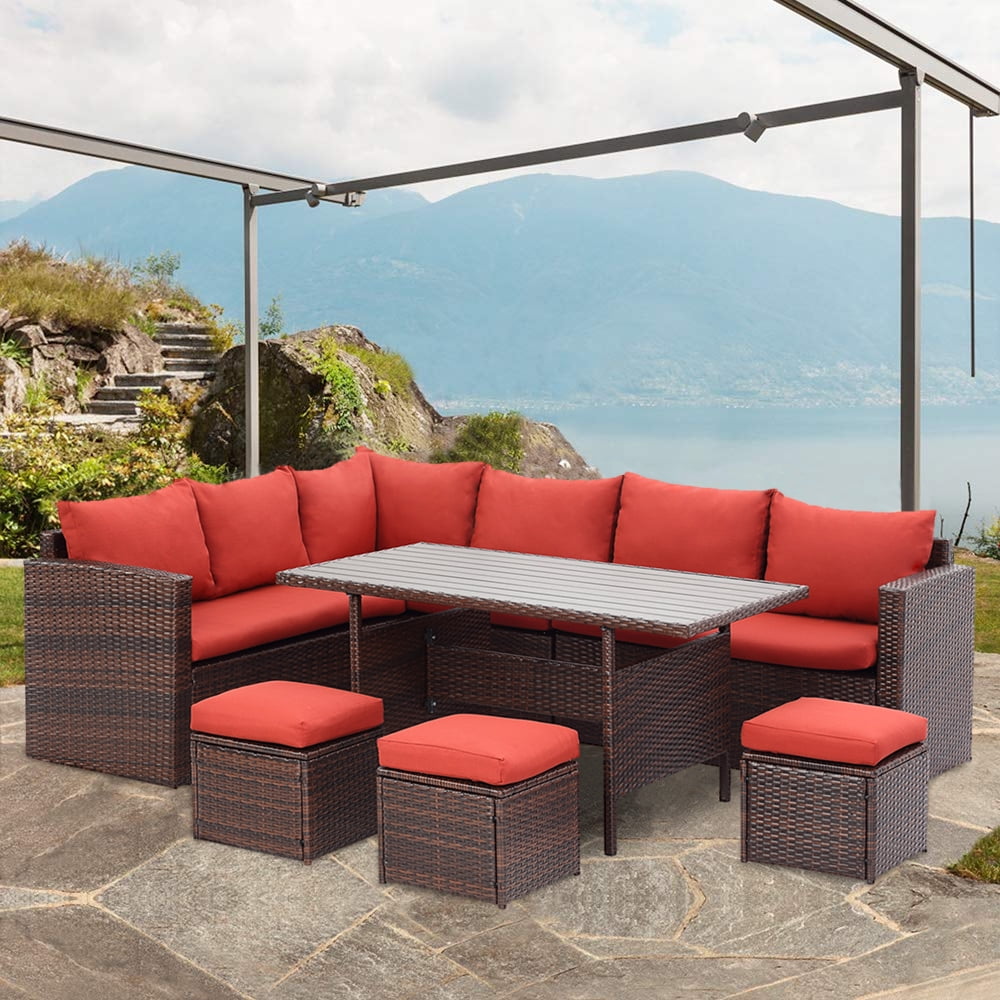 CozyHom 7 Pcs Outdoor Patio Wicker Sectional Sofa Furniture Set, Seating Dining Sets All Weather Rattan Conversation Set With Table&Ottoman, Red