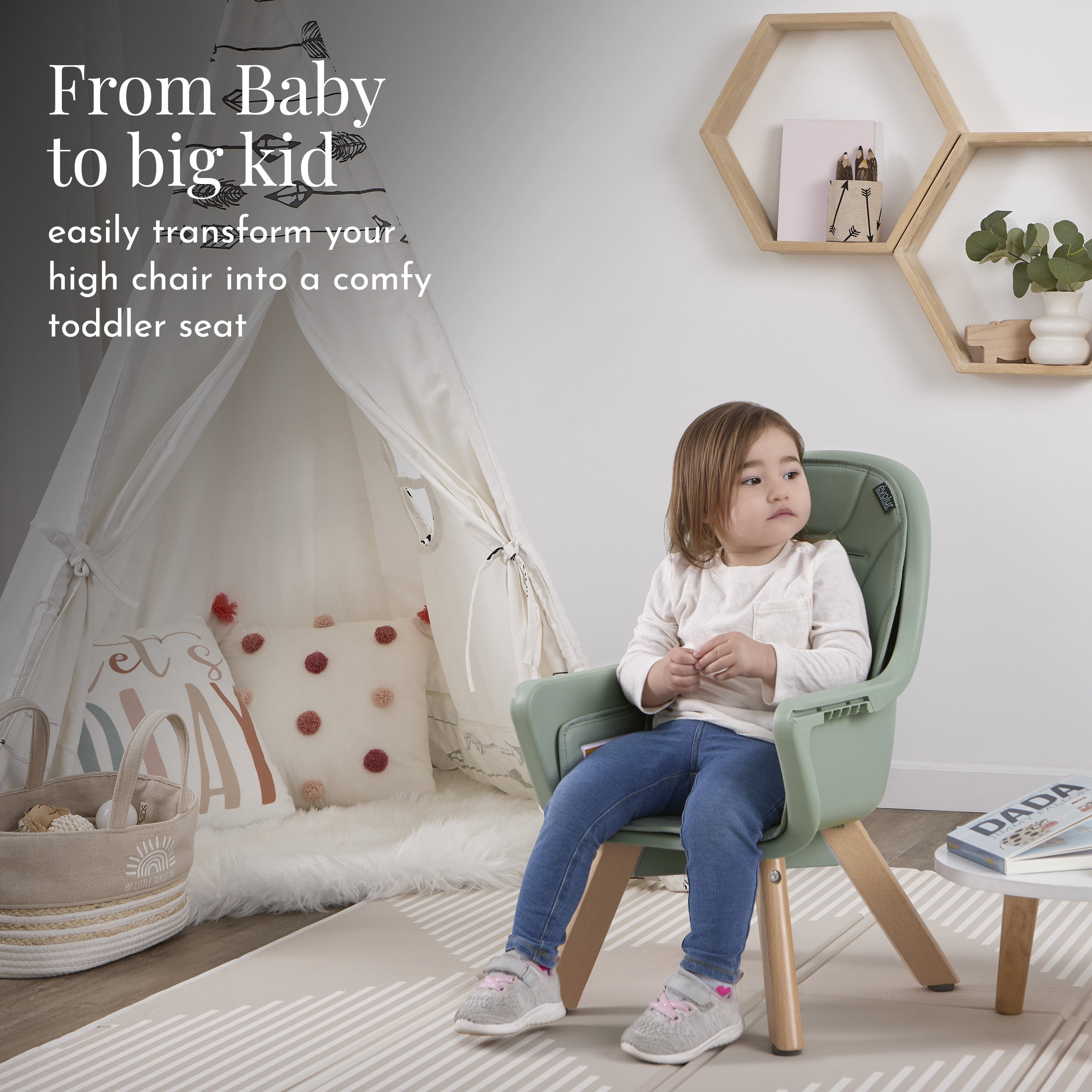 Evolur Zoodle 2-in-1 High Chair Booster Feeding Chair with Modern Design, Sage Green