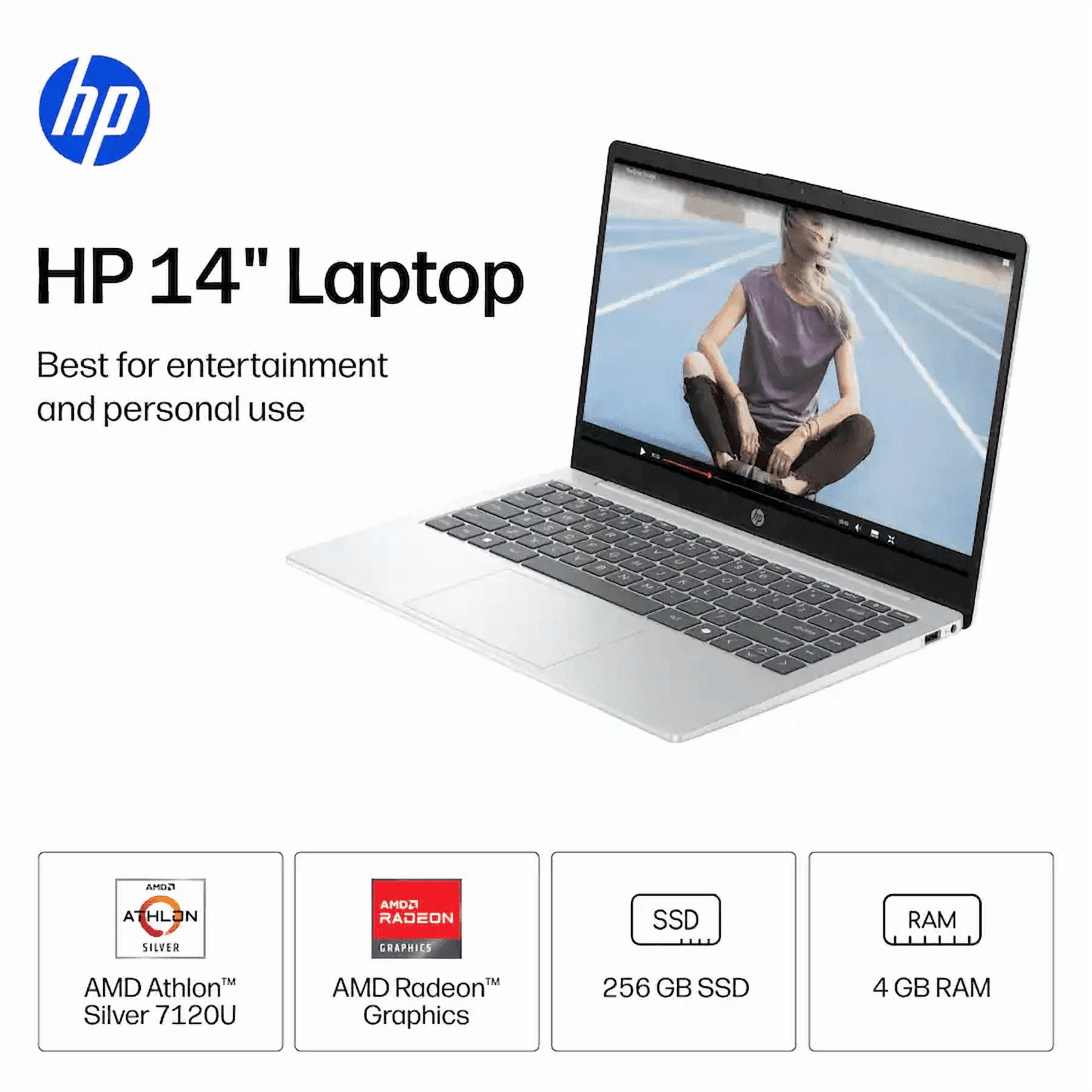 HP 14" HD Laptop, AMD Athlon Silver 7120U, 4GB RAM, 256GB SSD,Long Battery Life, 12-Month Microsoft 365 Included, Windows 11 Home, Copilot AI, Natural Silver with Mazepoly Accessories