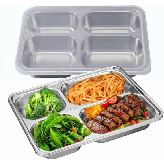 Triani 1Pack Stainless Steel Divided Plates Tray with Lids 4 Compartments Portion Control Plate Dinner Plate Reusable Meal Prep Lunch Containers for Home Travel