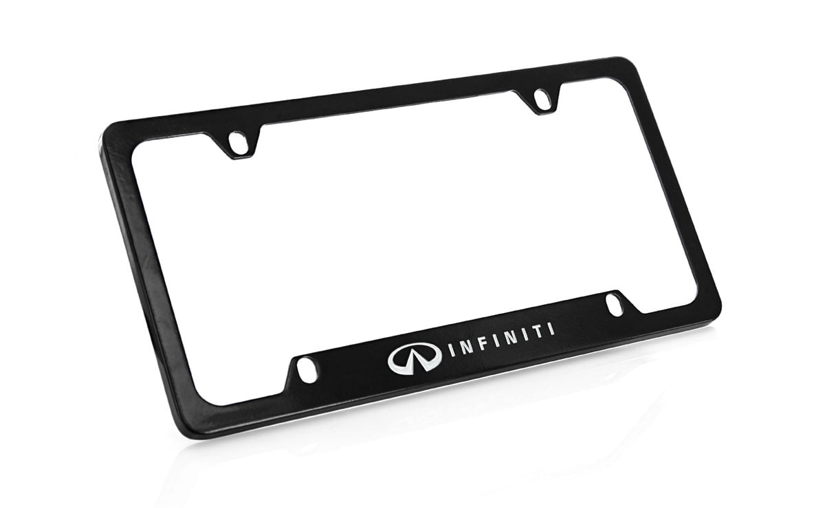 Infiniti wordmark on Black Powder Coated Zinc Metal License Plate Frame