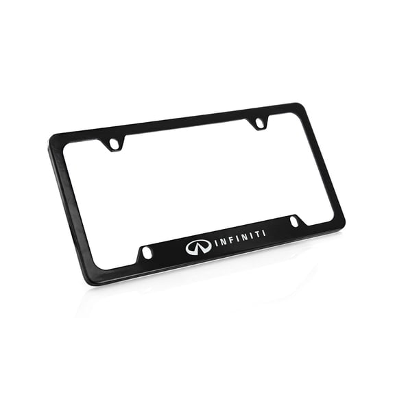 Infiniti wordmark on Black Powder Coated Zinc Metal License Plate Frame Holder 4 Hole