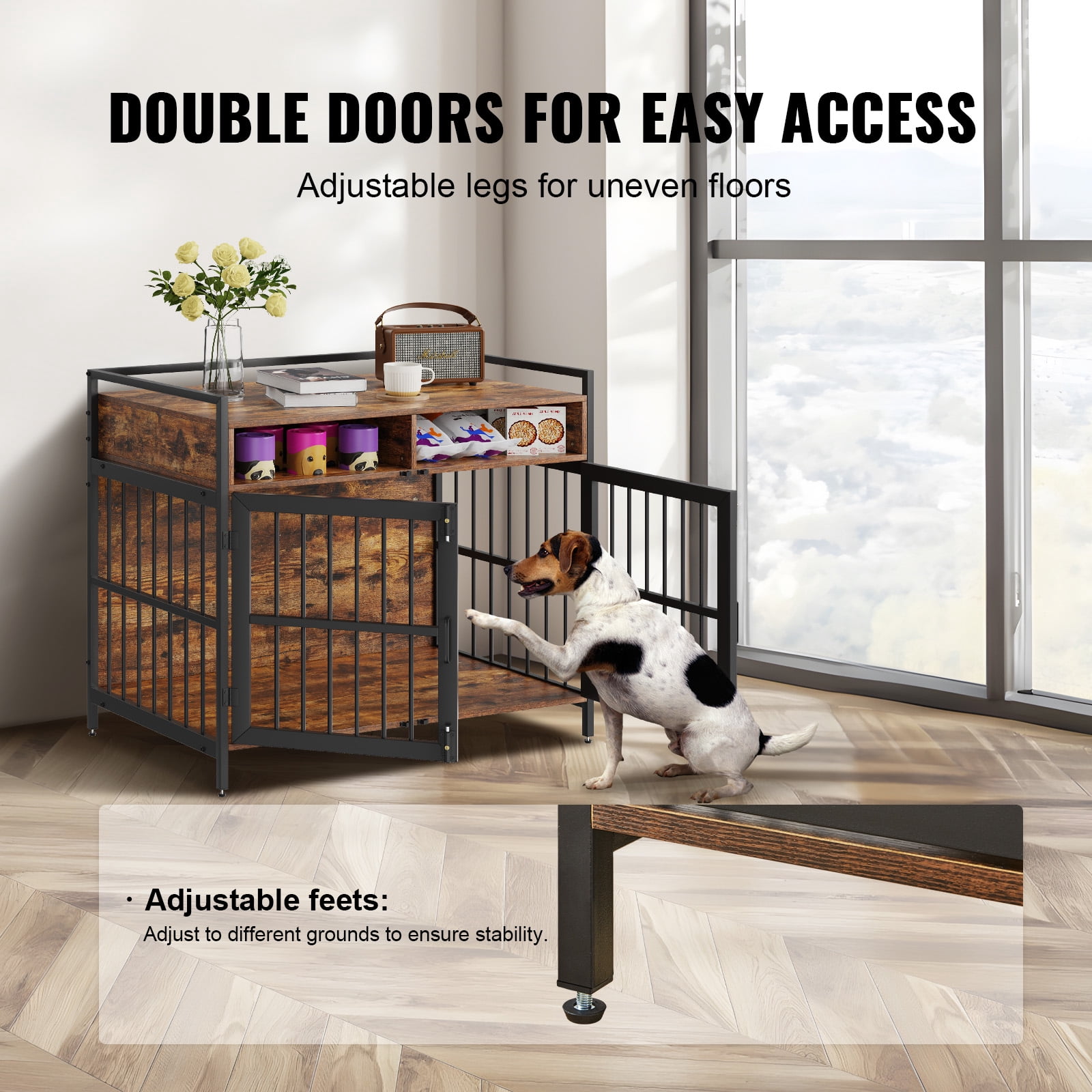 KFFKFF Dog Crate Furniture 41" Wooden Dog Crate with Double Doors & Storage Cubes
