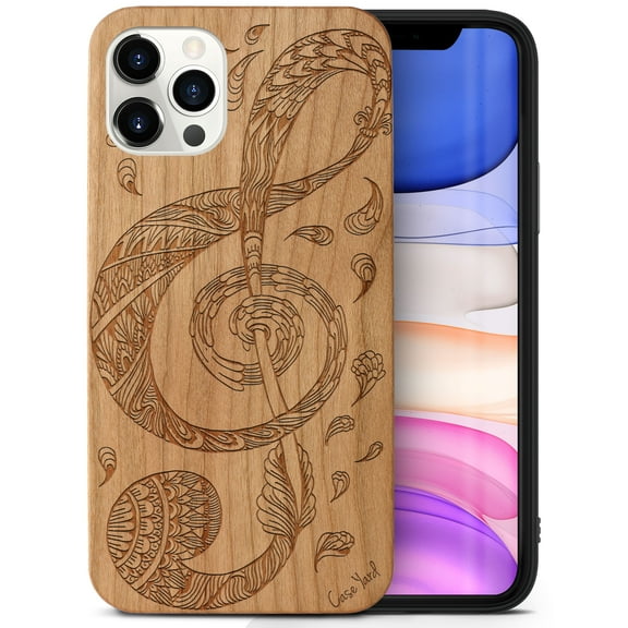 Case Yard Wooden Case Outside Soft TPU Silicone Slim Fit Shockproof Wood Phone Cover for Girls Boys Men and Women Supports Wireless Charging Floral Music Key Design case for iPhone-12/12-Pro