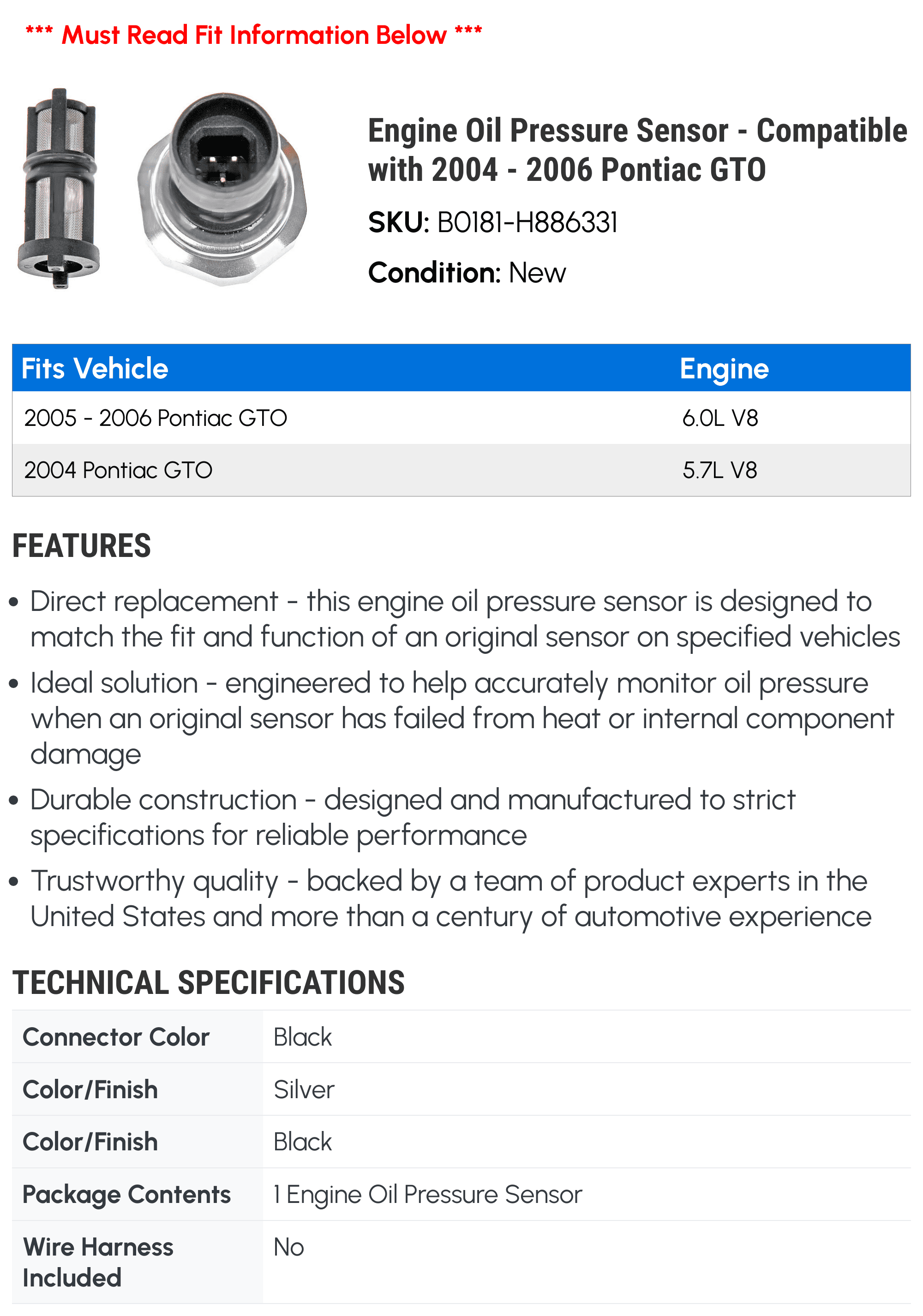 Engine Oil Pressure Sensor - Compatible with 2004 - 2006 Pontiac GTO 2005
