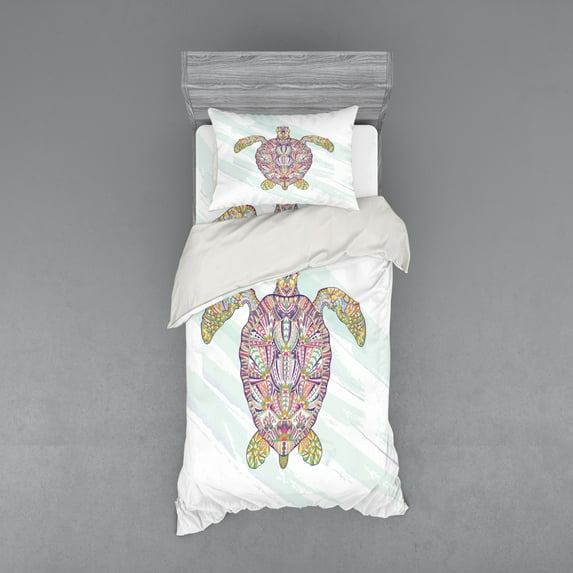 Ethnic Duvet Cover Set, Motifs on a Shell of a Sea Turtle Colorful Floral Design Underwater Animal, Bedding Set with Shams and Fitted Sheet, 3 Sizes, by Ambesonne