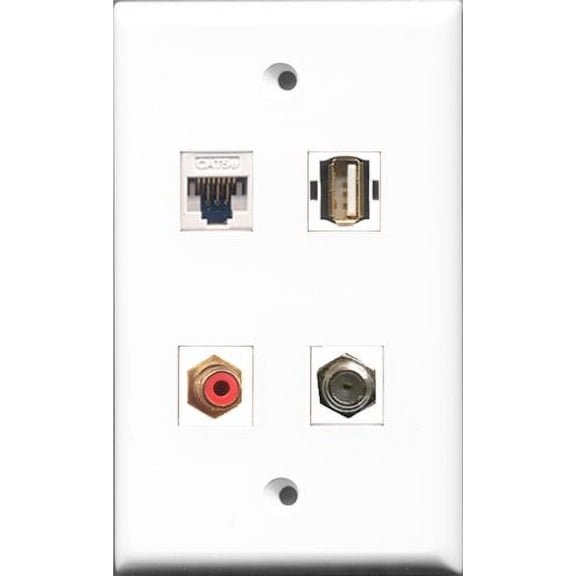 RiteAV 1 Port RCA Red and 1 Port Coax Cable TV- F-Type and 1 Port USB A-A and 1 Port Cat5e Ethernet White Wall Plate