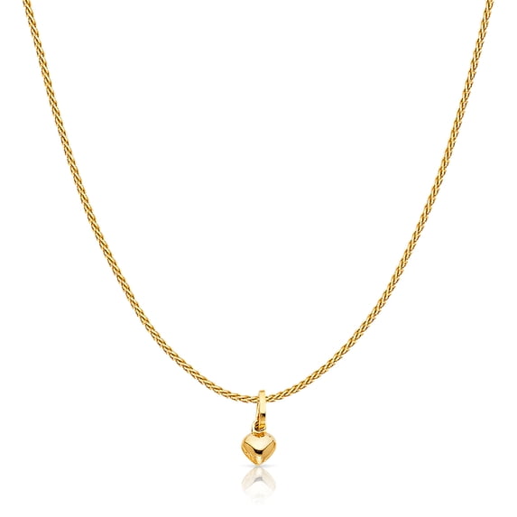 14K Yellow Solid Gold Plain Heart Charm Pendant with 0.9mm Wheat Chain Necklace - 16"