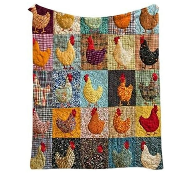 Vintage Rooster Plaid Print Flannel Throw Blanket, Cute Chicken Pattern With Quilted Design, Soft Cozy Lightweight Warm For Sofa Bedroom Machine Washable Durable