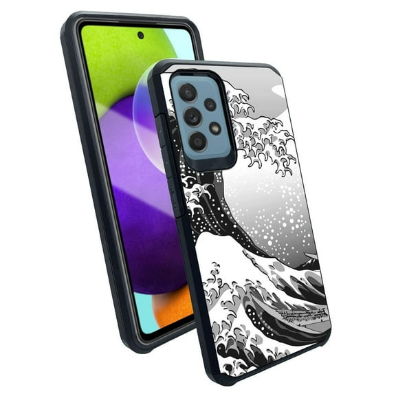ANJ Slim Dual Layer Shockproof Case Tempered Glass Cover for Samsung Galaxy A52 5G - Japanese Waves