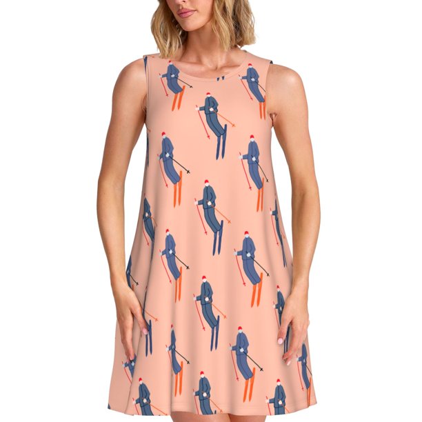 Fotbe Winter Skiing Adventure Vestido de Verano sin Mangas para Mujer – Vestido Midi Línea A, Estilo Camiseta Floral, Vestido Playero Casual y Fluido