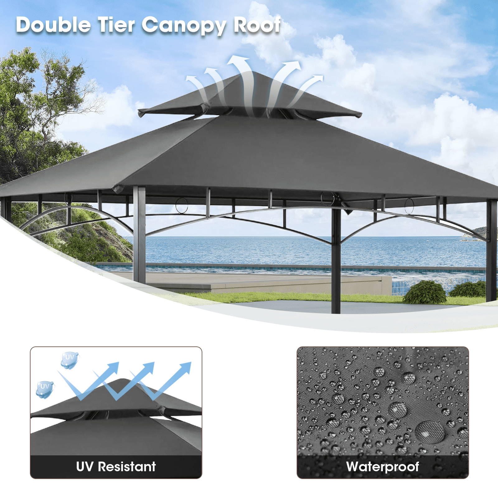 Gaildon 96’’x60’’x101’’ Outdoor Grill Gazebo with Vented Top , Double Tier Outdoor Grill Shelter-Grey
