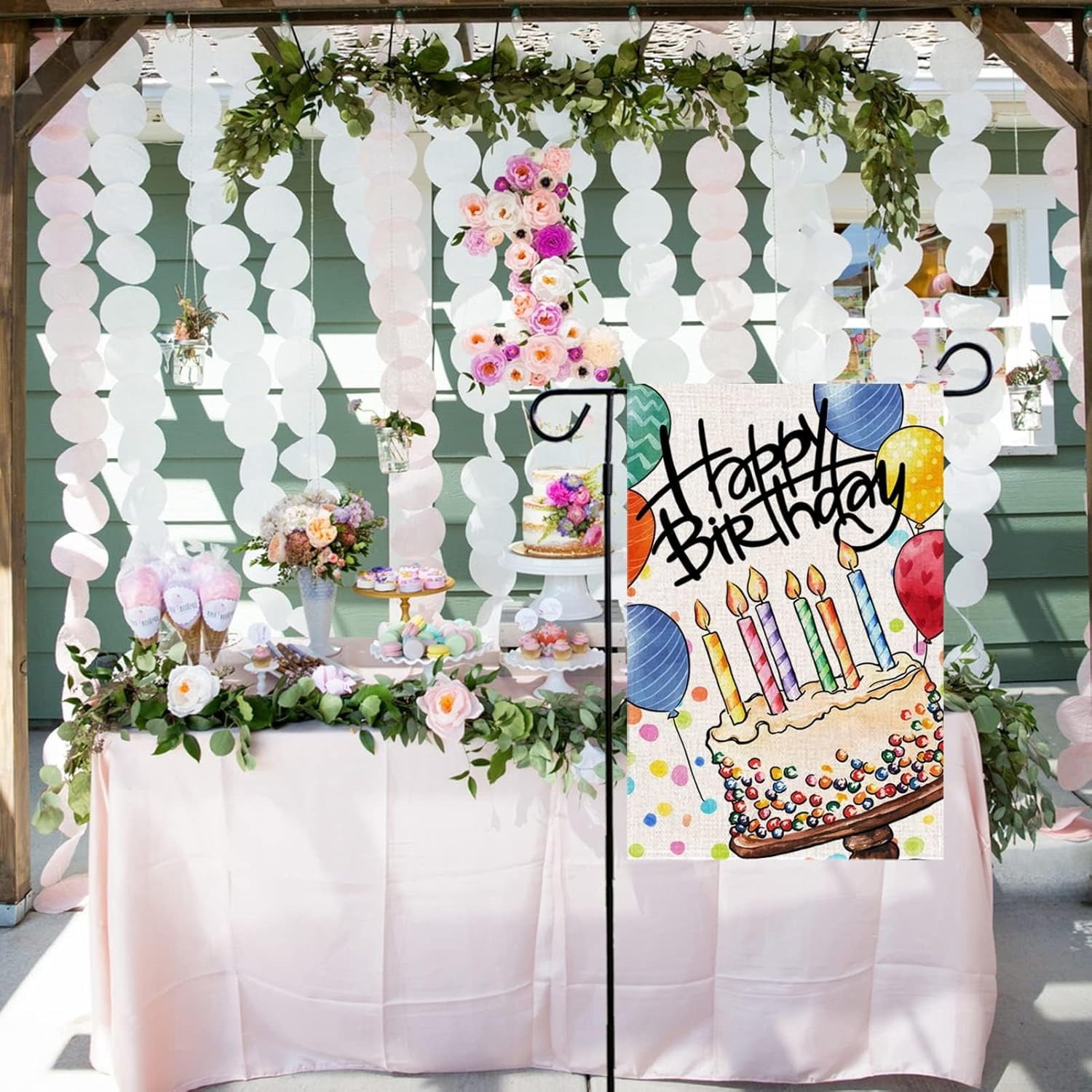 Happy Birthday Garden Flag Banner Big Cake Colorful Balloon Yard Flag Burlap Vertical Double-Sided Party Welcome Farmhouse Outdoor Outside Home House Decoration