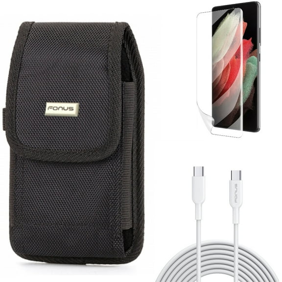 10ft Long Type-C Cable & Case Belt Clip & Matte Screen Protector for Samsung Galaxy S22 Plus (S22 ) - Combo Fast Charger Cord PD Power & Swivel Holster Rugged & TPU Film Anti-Glare