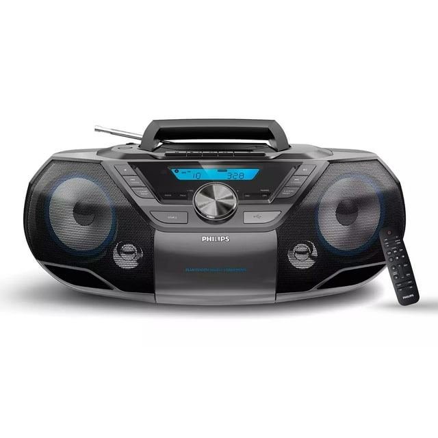 Philips Reproductor de CD portátil Boombox Bluetooth con reproductor de casete, potente reproductor de CD estéreo todo en uno para el hogar, altavoces Mega Bass Reflex, entrada de radio/USB/MP3/AUX co