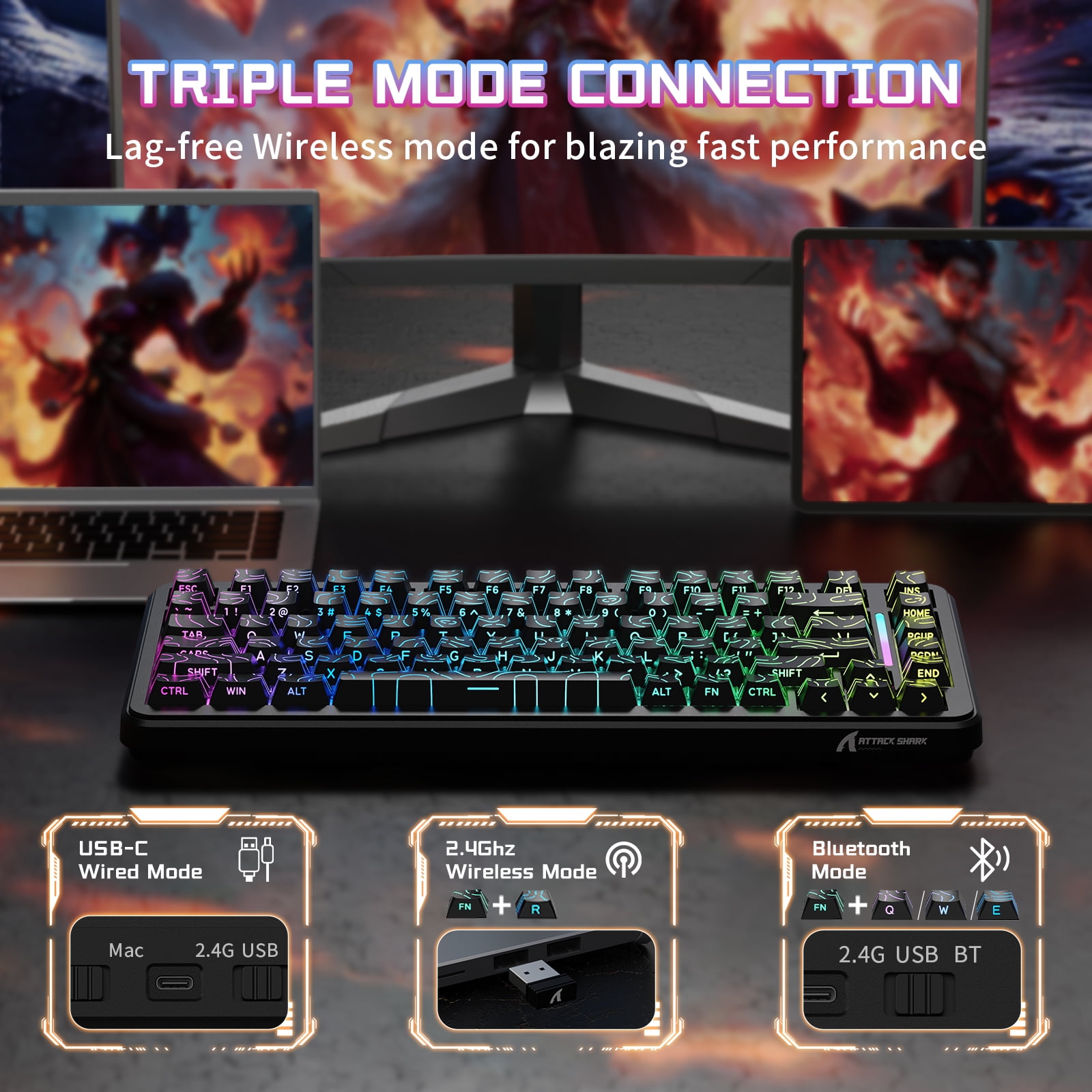 ATTACK SHARK X82PRO HE 75% Wireless Rapid Trigger Magnetic Keyboard, 8K Wired Gaming Keyboard, Hall Effect Switches Adjustable Actuation, QWERTY, RGB Backlit, C01 RGB Coiled Cable -Black