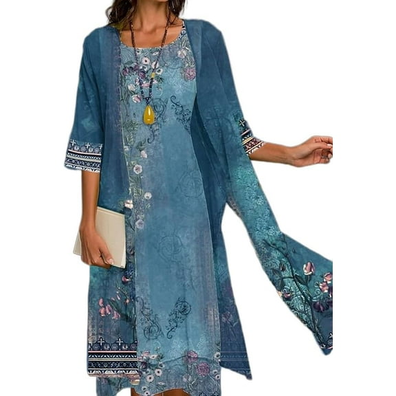 Womens Flowy Boho Floral Midi Dresses with Jacket Elegant Wedding Guest Chiffon Cocktail Dress 2 Piece