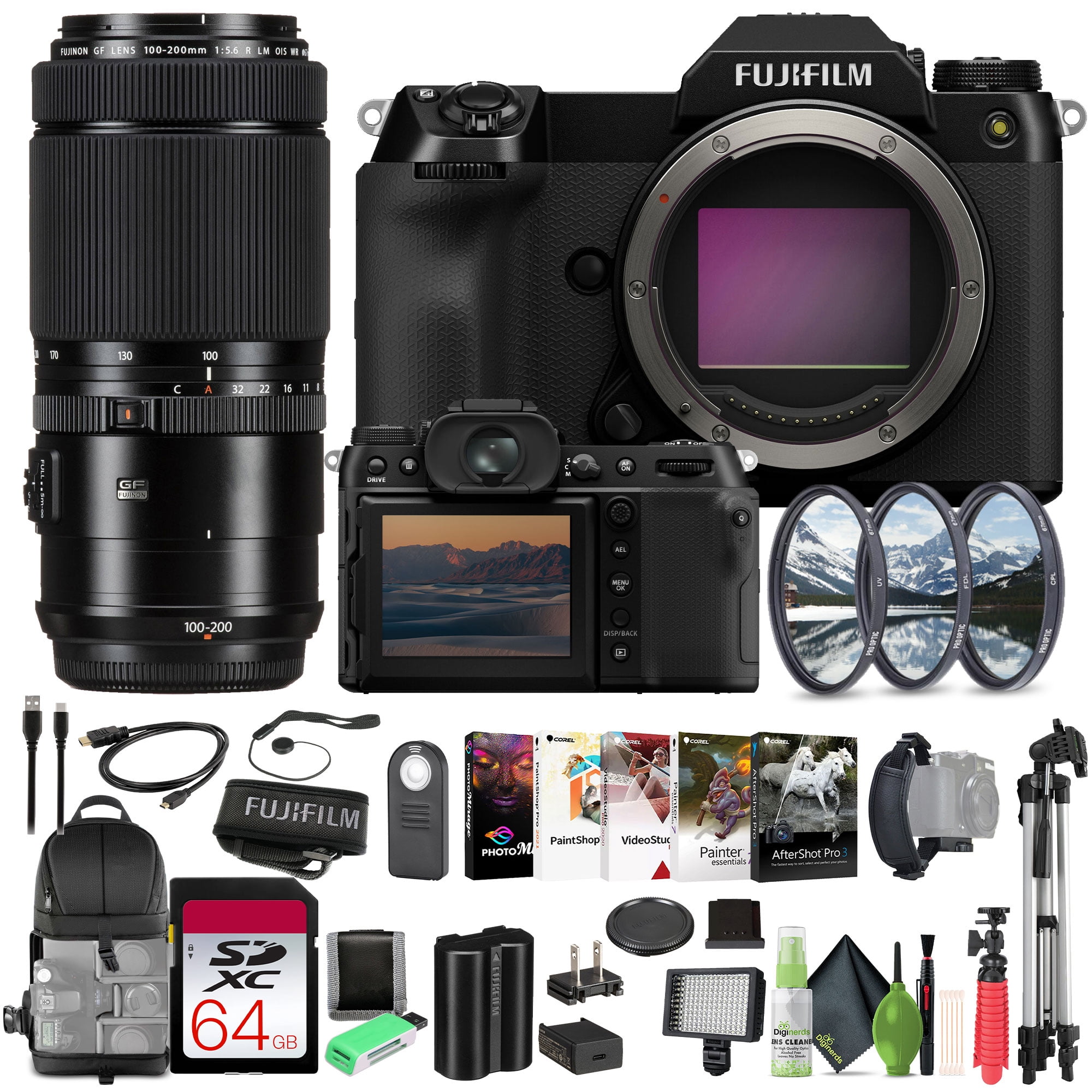 Fujifilm GFX 100S II Mirrorless Medium Format Camera Body Bundle With Fuji GF 100-200mm f/5.6 R LM OIS WR Lens +64GB Memory Card+ Flexible Vlogging Tripod + More Accessories