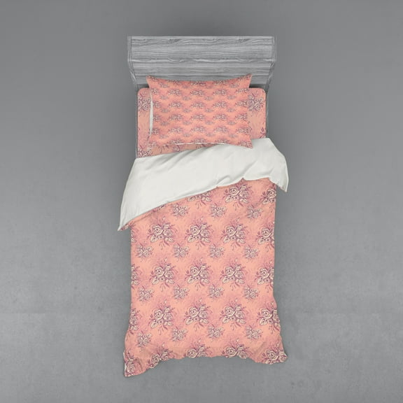 Ambesonne Floral Bedding Set 3 Pcs, Garden Rose Flower Bouquet, Twin, Mauve Taupe and Eggshell
