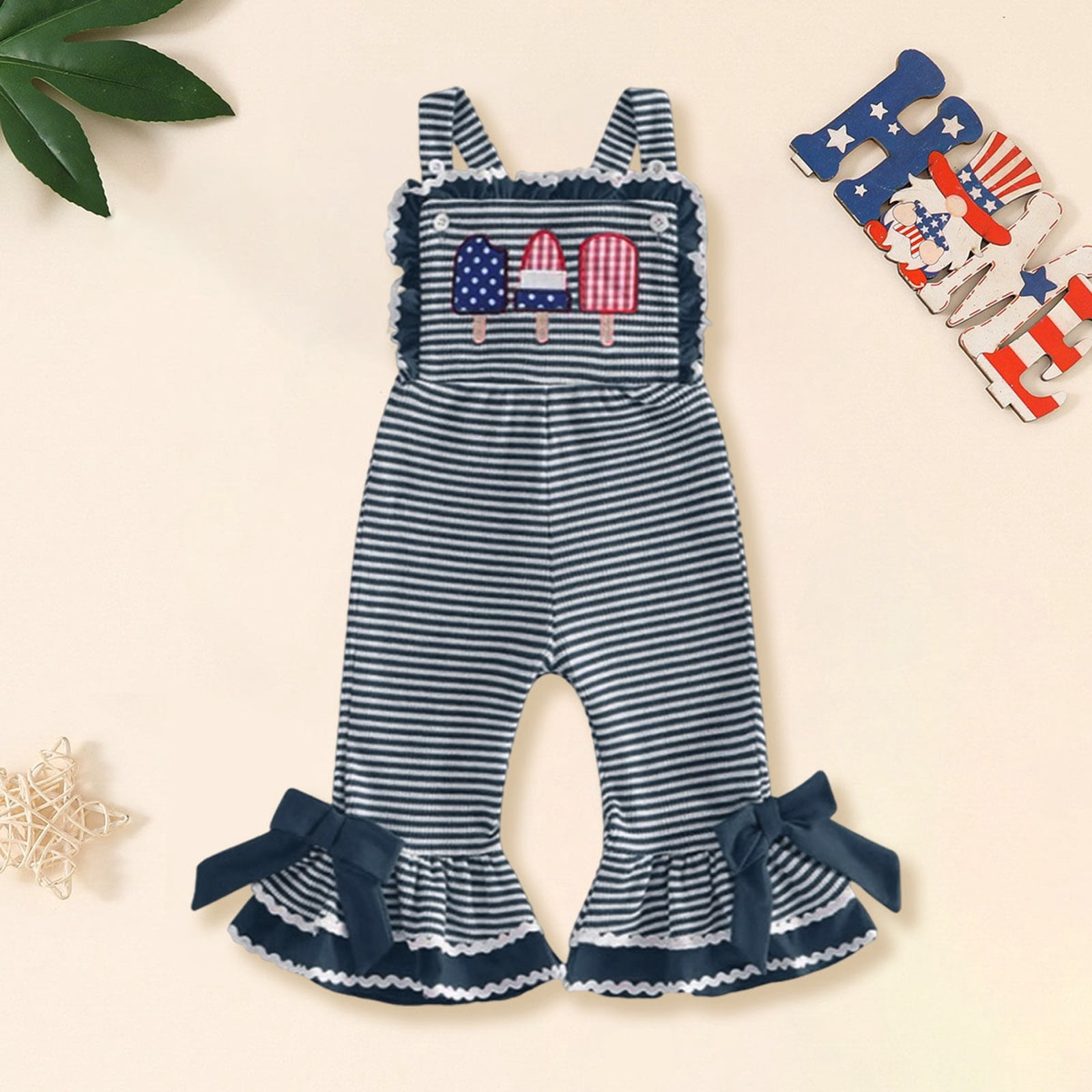 Faraee Toddler Baby 4th of July Girl Clothes Cute Sleeveless Romper Stripeds Spaghetti Strap Jumpsuit Summer Bell Bottom Outfit 6 12 18 24 Months 2T 3T 4T 5T Light Blue