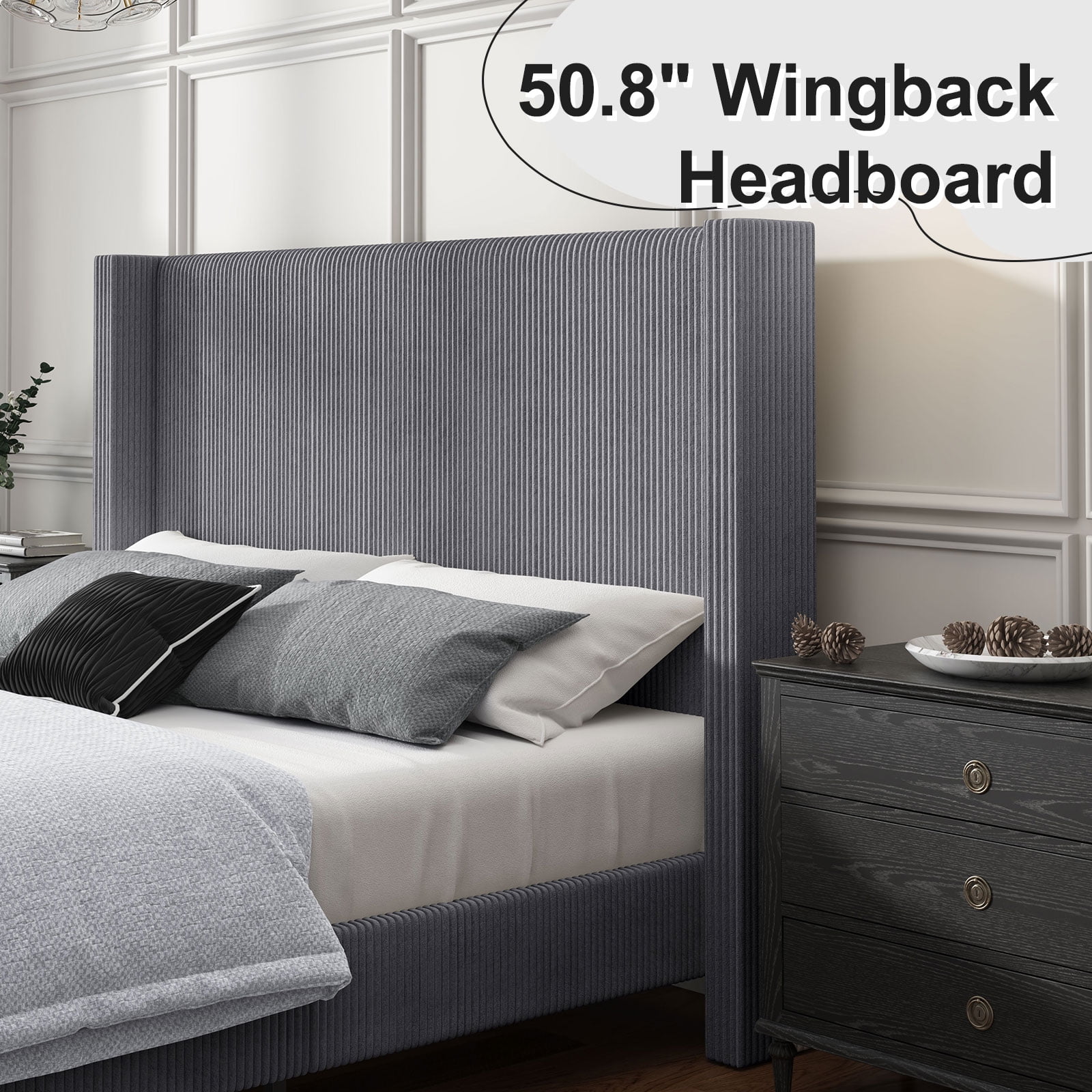VanAcc King Size Upholstered Platform Bed Frame, Wingback Bed with 50.8" Headboard, Corduroy