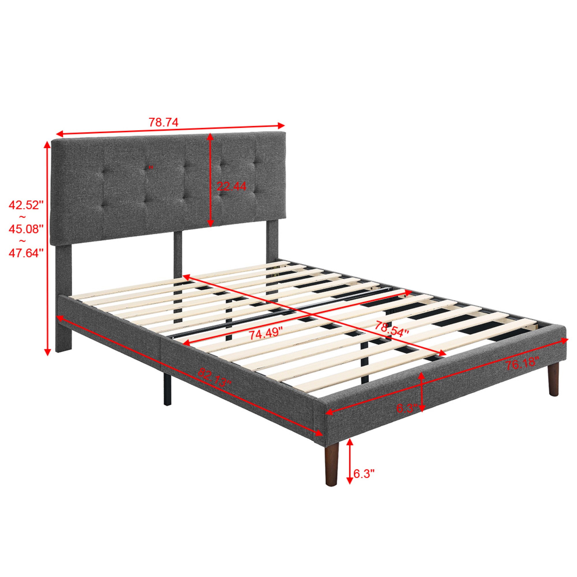 Gewnee King Size Upholstered Headboard Platform Bed Frame with Sturdy Wooden Strips for Support & Easy Installation,No Box Spring Required（Gray）