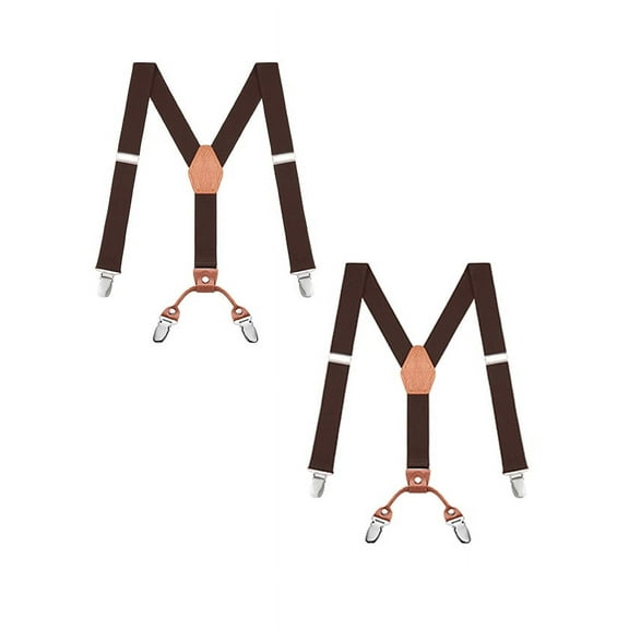 Buyless Fashion 2 Pack Adjustable Suspenders for Kids - 26" Elastic Straps 1" - Leather Y Shape Back - 5151-2 - Brown