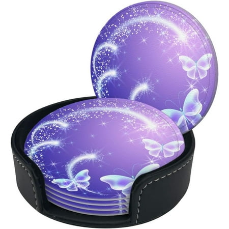 

Round Coaster Set of 6 with Holder Butterfly-Firework-Sparkle-Stars Leather Coasters for Drinks