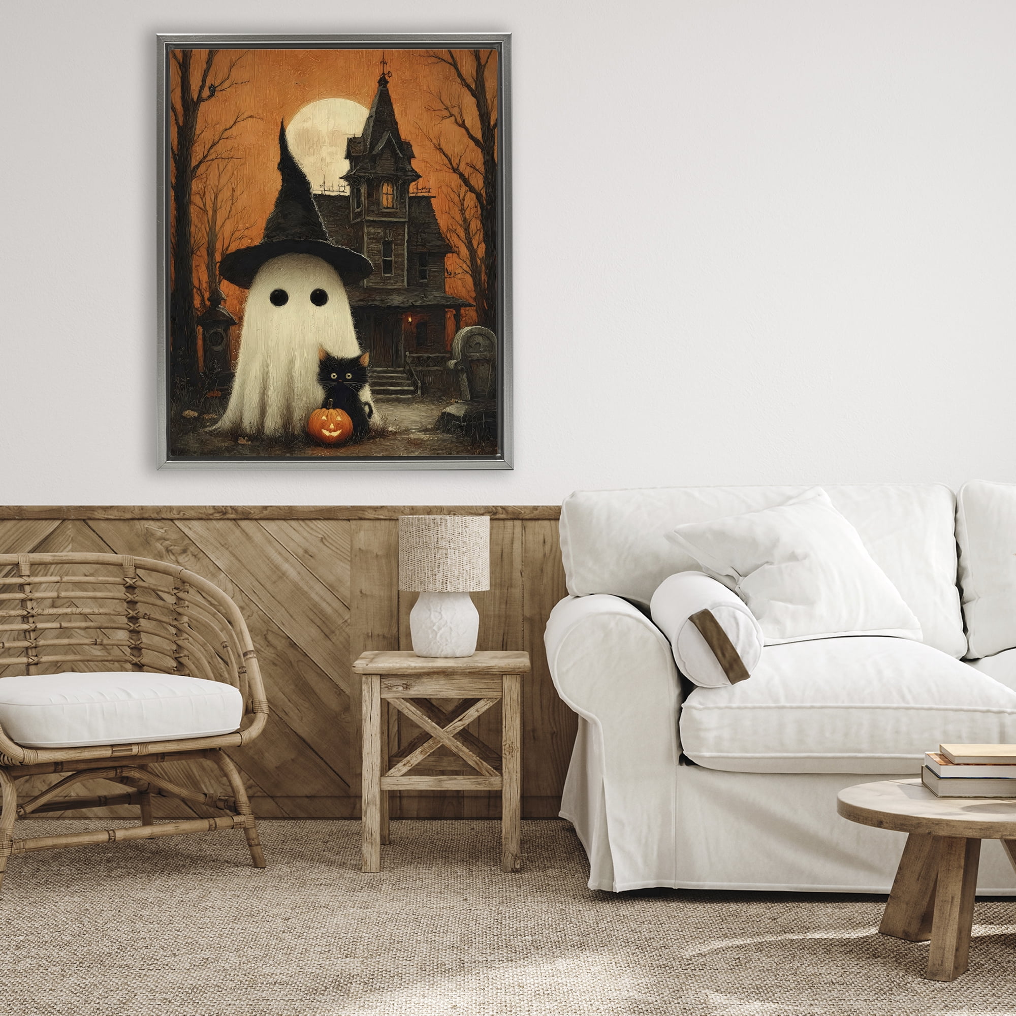 Cute Ghost & Haunted House Gray Framed Floater Canvas Wall Art, design by Arlington Prints