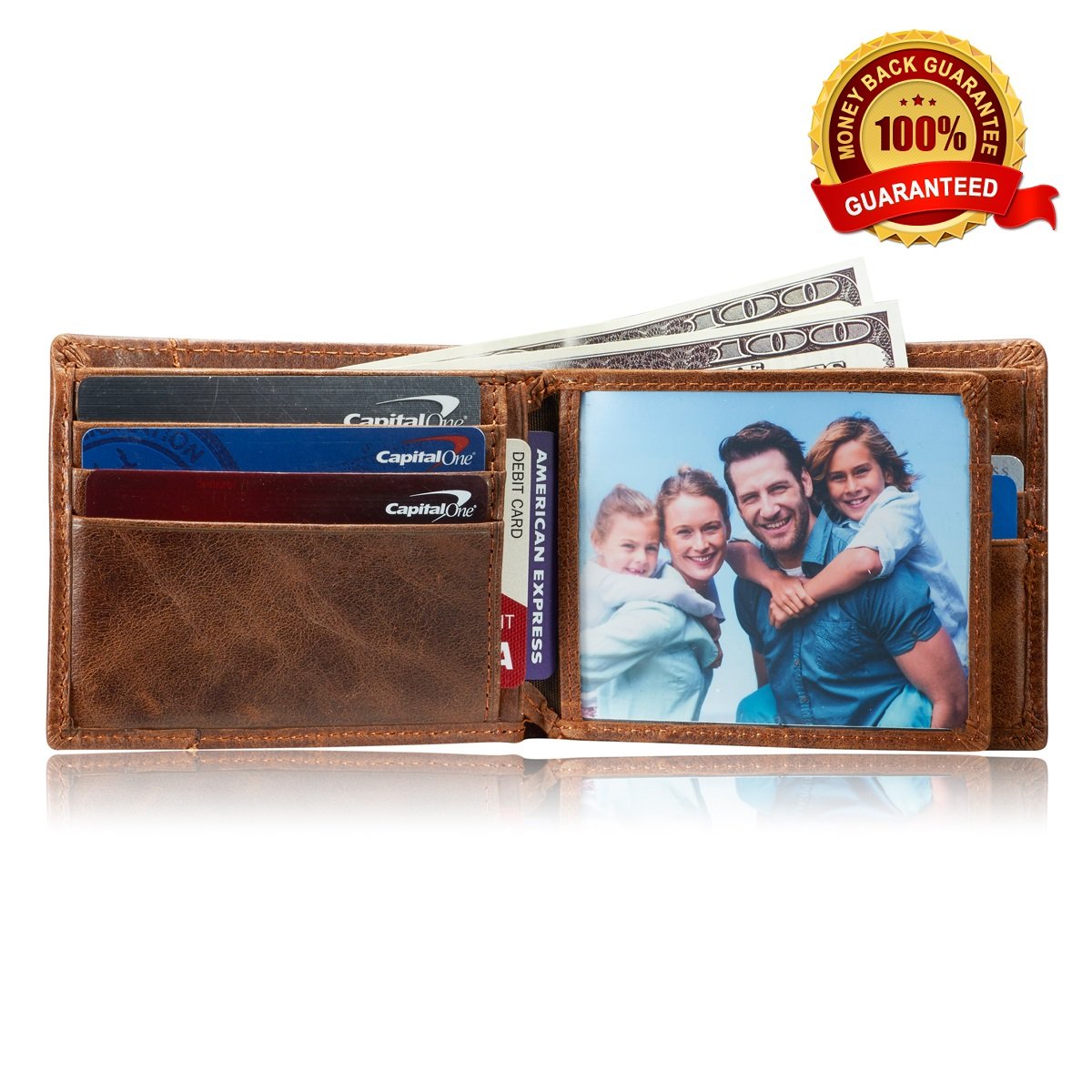 Wallets for women,genuine leather women wallets, Men's Classic Vintage Brown Genuine Premium Leather Handmade Bifold Zipper Card Wallet - image 2 of 7