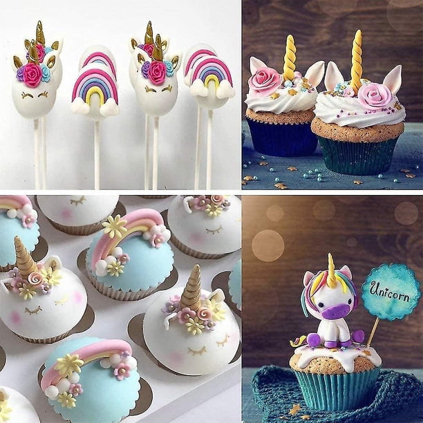 Mini molde de silicona de unicornio, cuerno de orejas de unicornio, flores y hojas de arco iris, adornos de cupcakes de molde de chocolate fondant para cumpleaños de unicornio y niños (juego de ZefeiWu 8390615007634